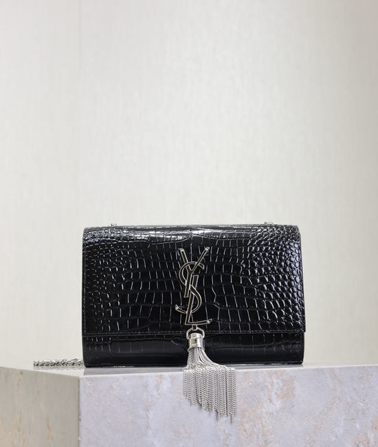 Yves Saint Laurent YSL KATE Black Crocodile Silver Buckle Bag 469390