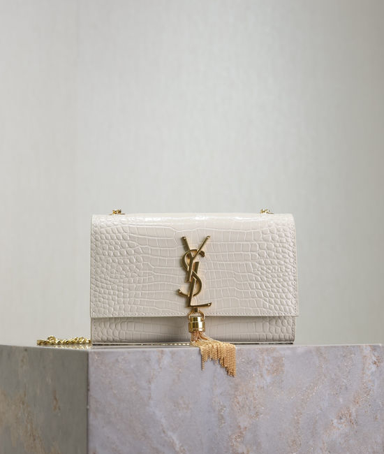 Yves Saint Laurent YSL KATE White Crocodile Embossed Tassel Bag 469390