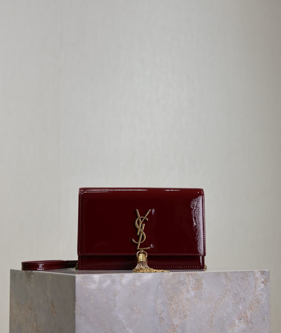 Yves Saint Laurent YSL Kate Patent Leather Tassel Chain Bag Burgundy 452159