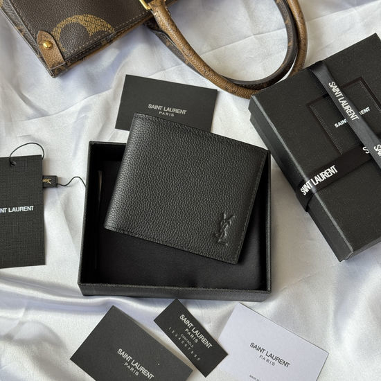 Yves Saint Laurent YSL MONOGRAM Litchi Grain Leather Folding Wallet 607727