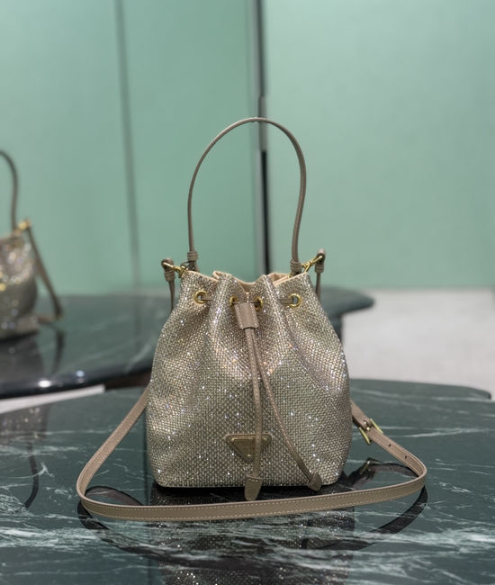 Prada Bucket Bag Crystal Satin Enamel Metal Logo 1BE067