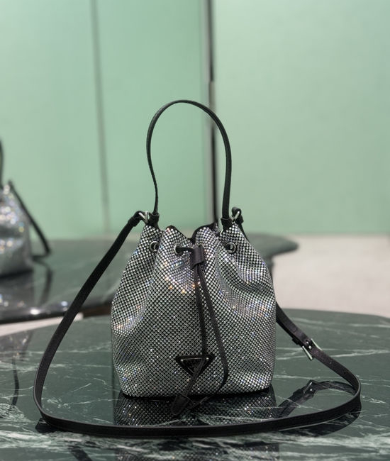 Prada Bucket Bag Crystal Satin Enamel Metal Logo 1BE067