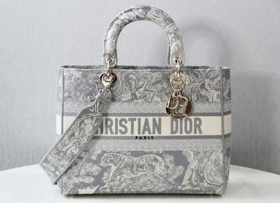 Christian Dior CD Lady D-Lite Gray Reversed Embroidery Bag 6607