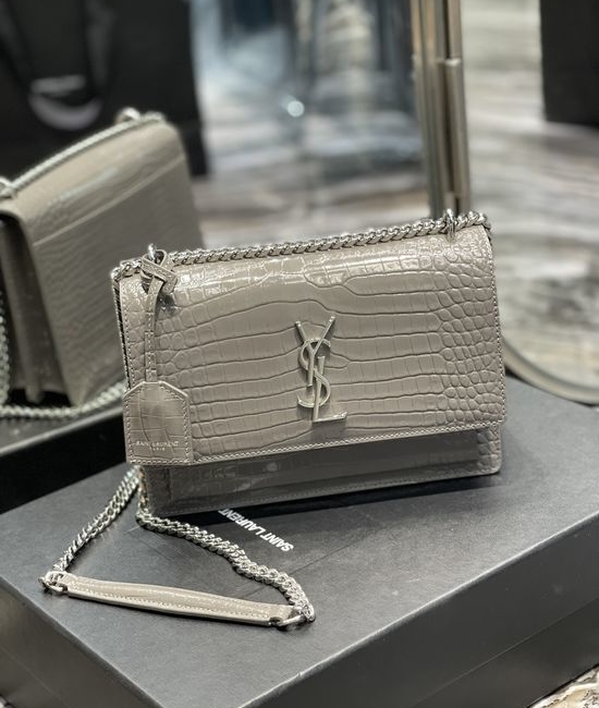 Yves Saint Laurent YSL Sunset Crocodile Pattern Grey Silver Buckle 422906
