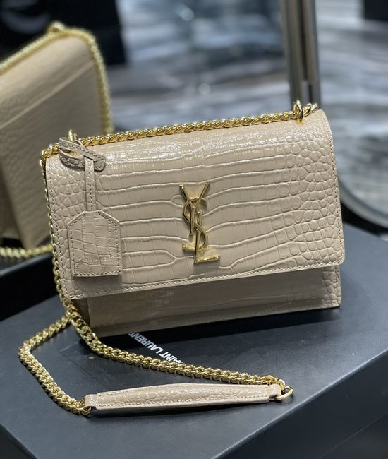 Yves Saint Laurent YSL Sunset Crocodile Pattern Beige Gold Buckle 422906