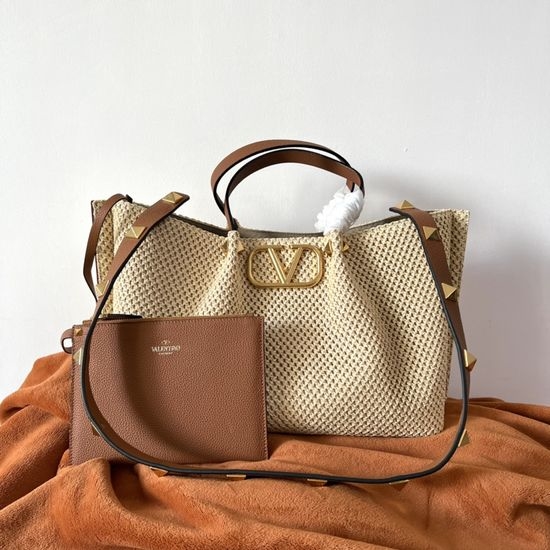 Valentino Tote Bag Raffia Woven Leather Handle Bag 22003L