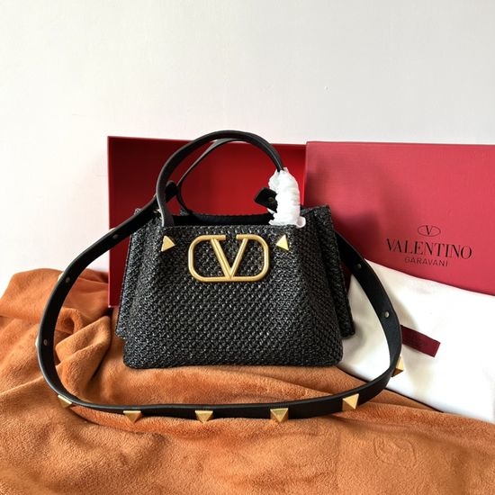 Valentino Raffia Weave Tote Bag Leather Handle 22003S
