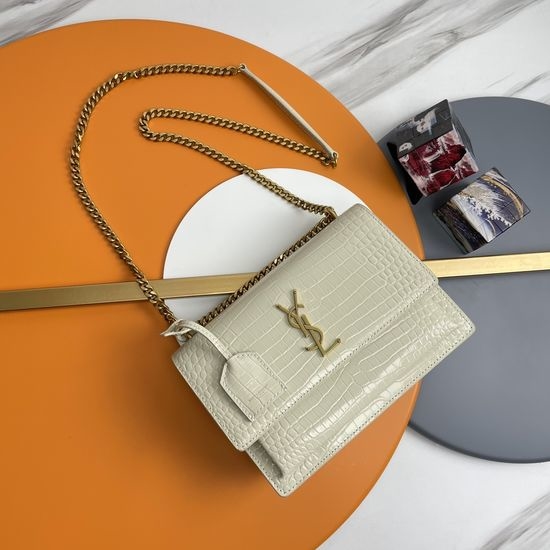 Yves Saint Laurent YSL Sunset Crocodile Embossed White Gold Buckle 442906Zx