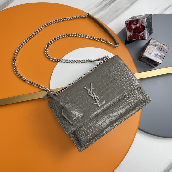 Yves Saint Laurent YSL Sunset Crocodile Embossed Gray Silver Buckle 442906Zx