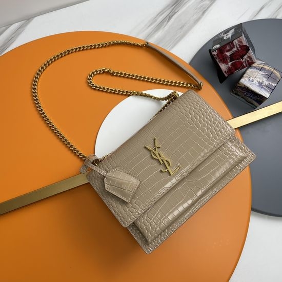 Yves Saint Laurent YSL Sunset Crocodile Embossed Beige Gold Buckle 442906Zx