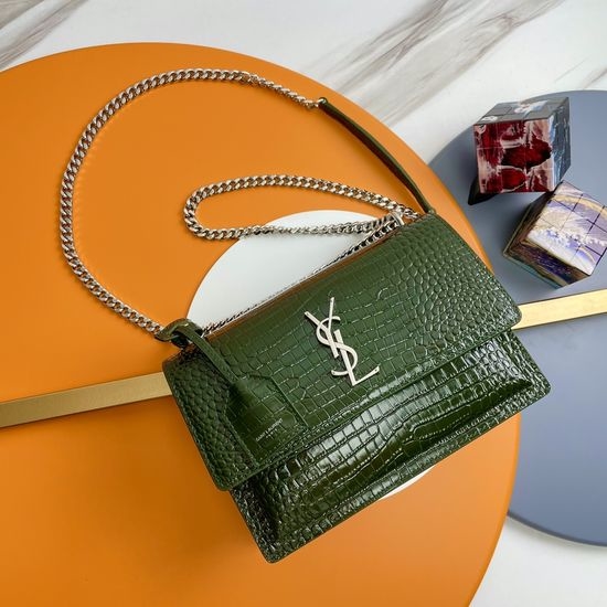 Yves Saint Laurent YSL Sunset Crocodile Embossed Dark Green Silver Buckle 442906Zx