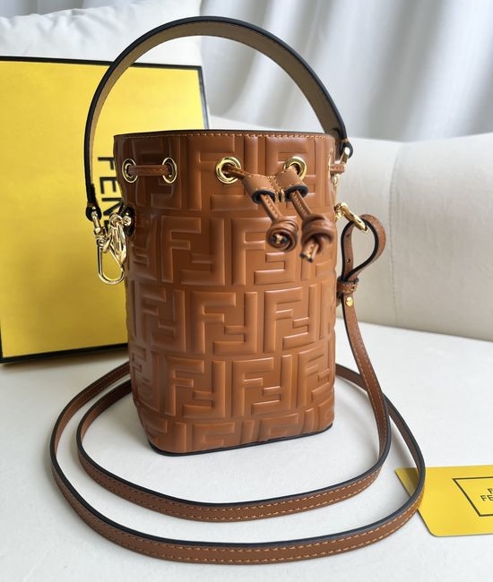 Fendi Mon Tresor Brown Embossed Mini Bucket Bag 226