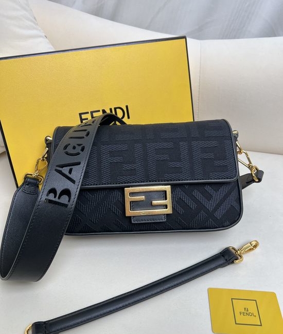 Fendi Baguette Black Canvas Embroidered Shoulder Bag 5015