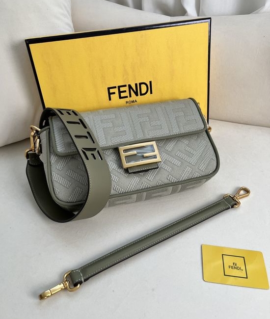 Fendi Baguette Green Canvas Embroidered Shoulder Bag 5015