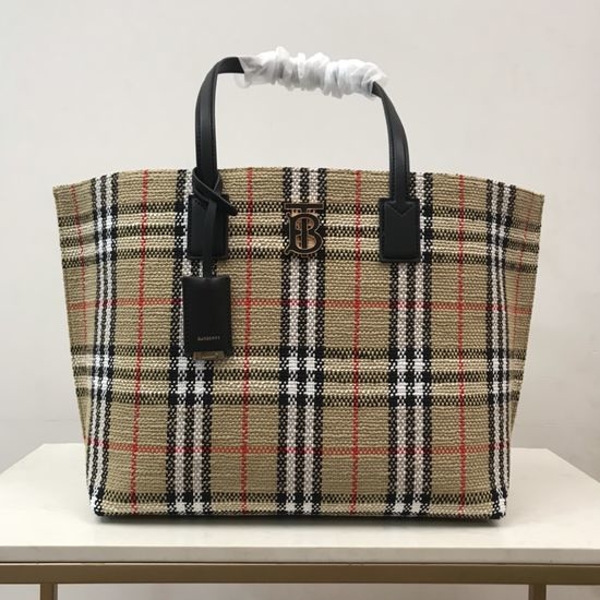 Burberry Cotton Plaid Tote Bag Leather Logo 40830843