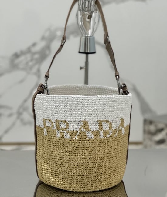 Prada Woven Raffia Bucket Bag 1BE063