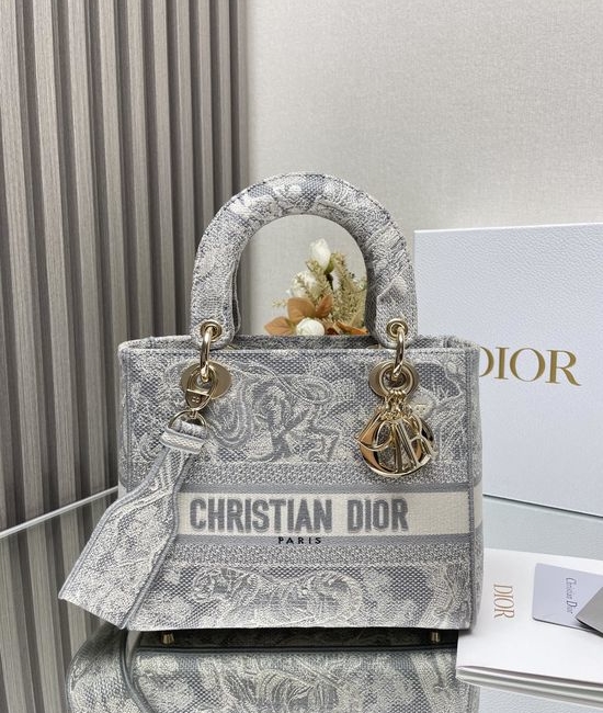Christian Dior CD Lady Christian Dior CD New Grey Tiger Embroidery Bag 11695