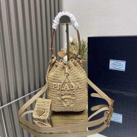 Prada Handwoven Straw Bucket Bag 1BE068