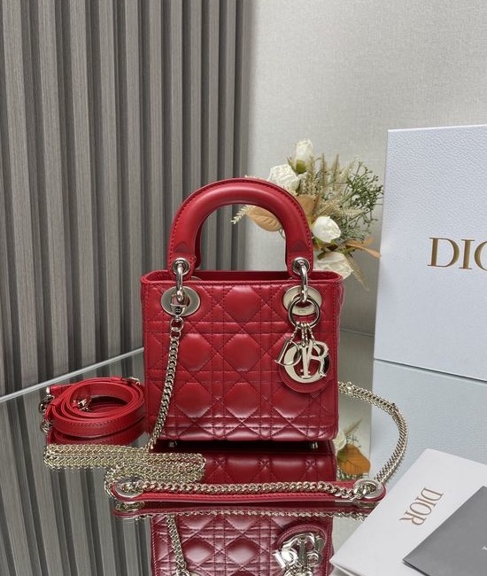 Christian Dior CD Lady Three-Grid Red Lambskin Bag 0505