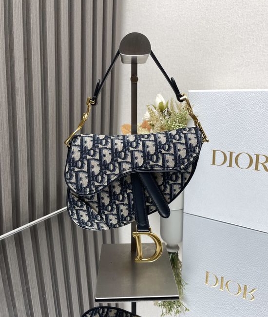 Christian Dior CD Saddle Bag Small Blue Canvas Leather 0929