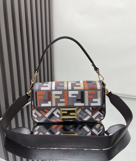 Fendi Baguette Bag FF Stereo Embroidery Wide Shoulder Strap 0159A