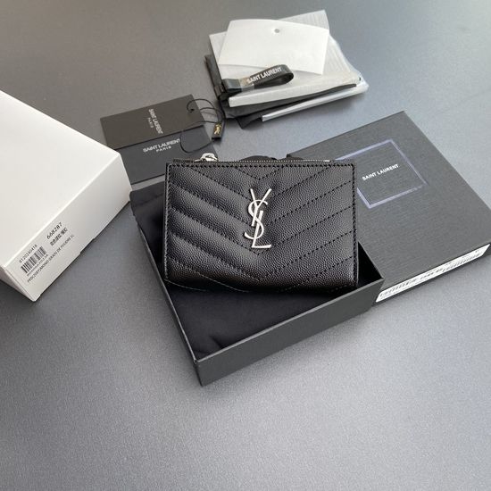 Yves Saint Laurent YSL Matelasse Zip Bifold Wallet Silver Hardware 668287