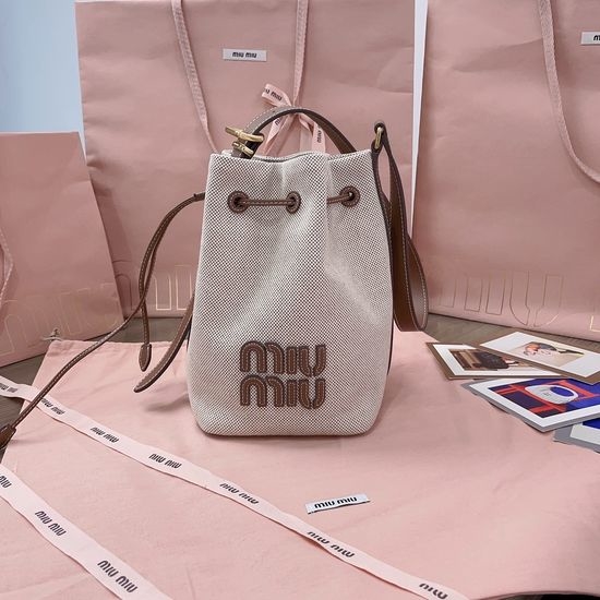 Miu Miu Canvas Bucket Bag Casual Leather Trim 5BE090
