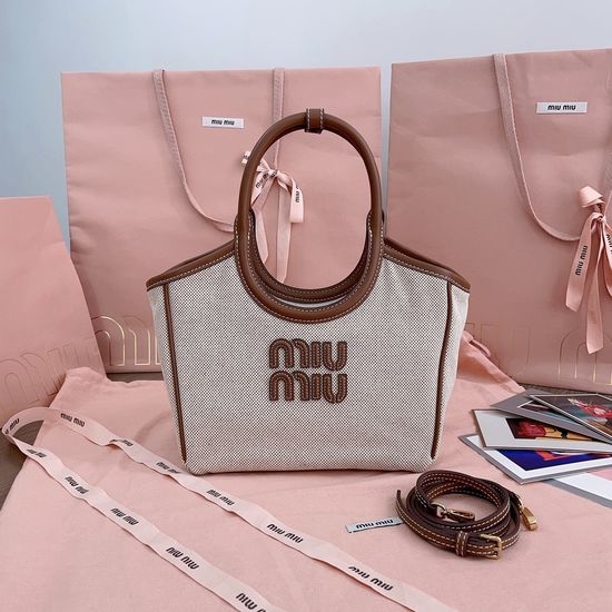Miu Miu Limited Canvas Tote Leather Trim Bag 5BG288