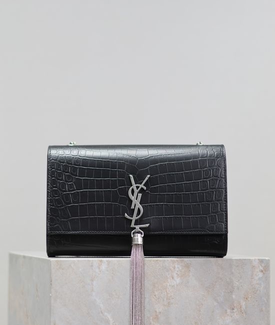 Yves Saint Laurent YSL KATE Black Matte Crocodile Pattern Silver Buckle Bag 354119