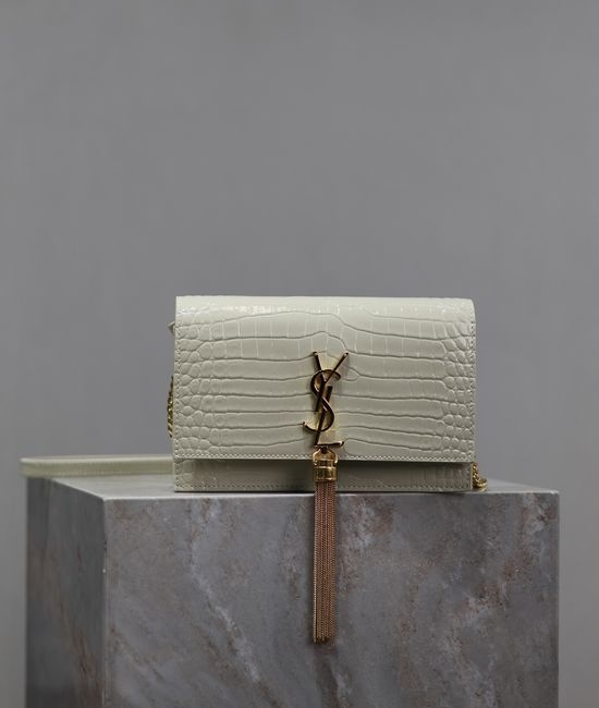 Yves Saint Laurent YSL Kate Crocodile Embossed Gold Buckle Chain Bag White 452159