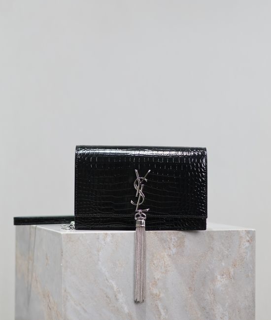 Yves Saint Laurent YSL Kate Crocodile Embossed Silver Buckle Chain Bag Black 452159