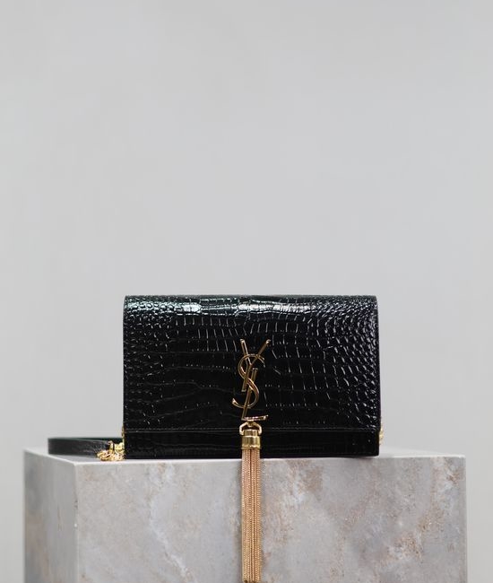 Yves Saint Laurent YSL Kate Crocodile Embossed Gold Buckle Chain Bag Black 452159