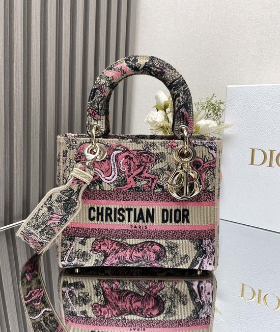 Christian Dior CD Lady Christian Dior CD Apricot Red Tiger Embroidery Bag 11693