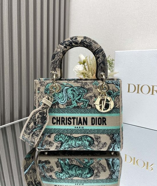 Christian Dior CD Lady Christian Dior CD Apricot Green Tiger Embroidery Bag 11692