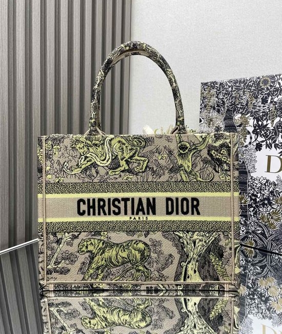 Christian Dior CD Tiger Embroidery Medium Tote Bag Apricot Yellow