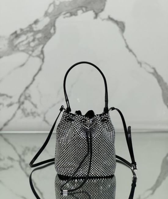 Prada Crystal Embellished Satin Bucket Bag 1BE067