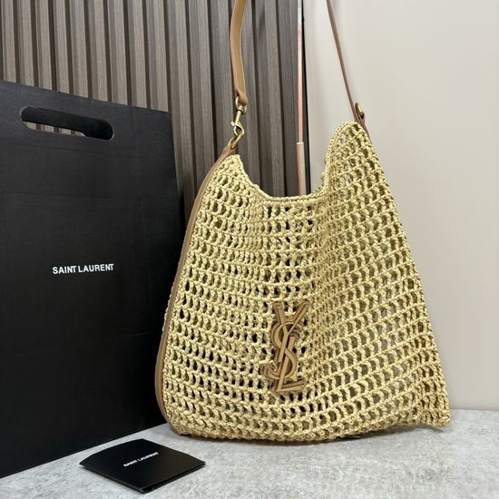 Yves Saint Laurent YSL Oxalis Raffia Woven Shoulder Bag with Leather Strap 781289