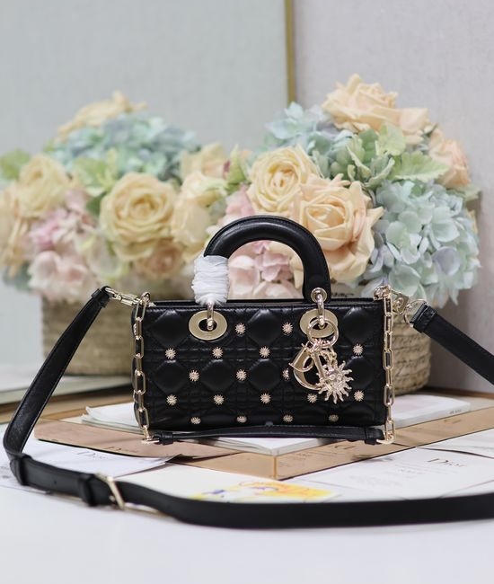 Christian Dior CD LADY D-JOY Black Sunflower Handbag 0540