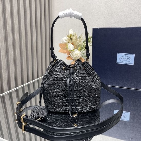 Prada Handwoven Straw Bucket Bag 1BE068