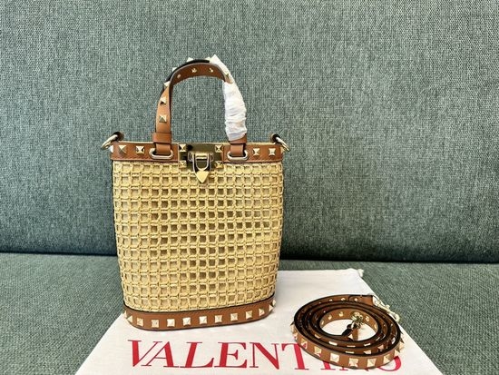 Valentino Raffia And Leather Bucket Bag With Shoulder Strap 2044