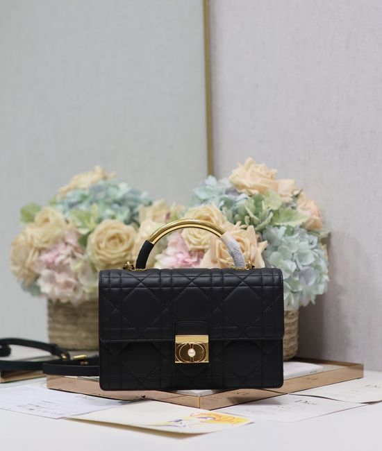 Christian Dior CD Ange Handbag Black Large Vintage Gold Chain 4402