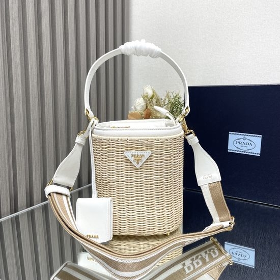 Prada Wicker and Canvas Bucket Bag 1BE062