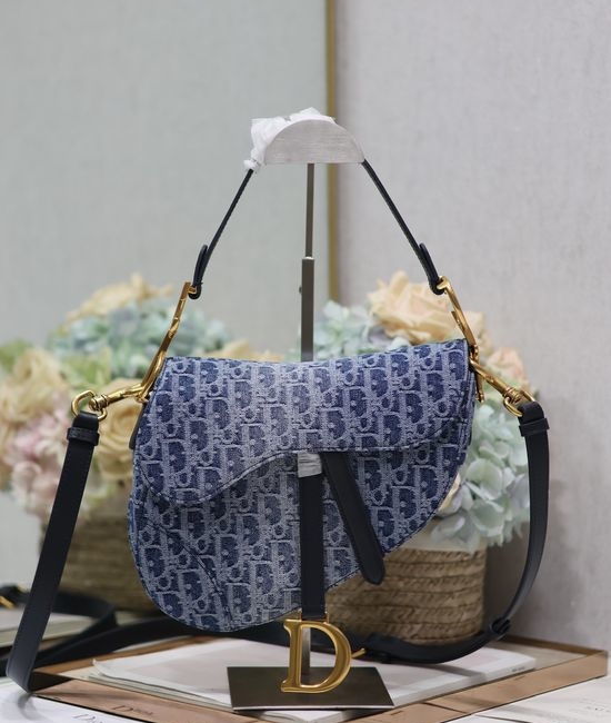 Christian Dior CD Saddle Bag Blue Denim Large 0446
