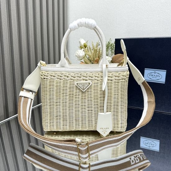 Prada Tote Bag with Woven Wicker and Canvas 9146