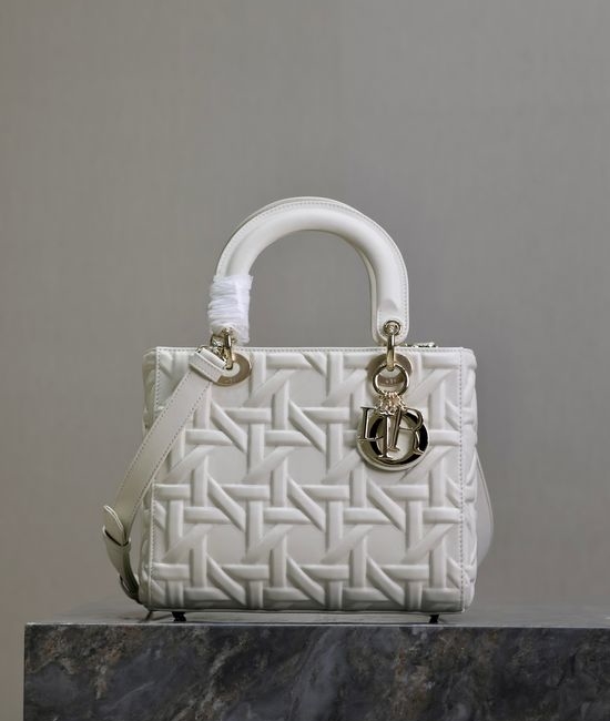 Christian Dior CD Lady Christian Dior CD White Embossed Handbag 0565