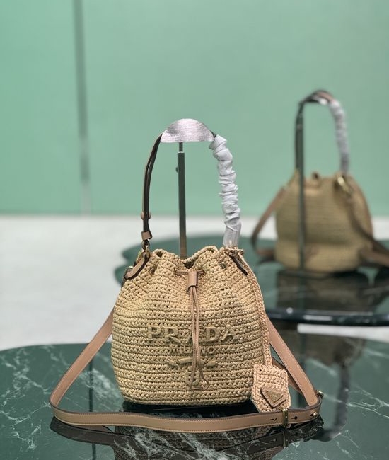 Prada Woven Raffia Drawstring Bucket Bag 1BE068