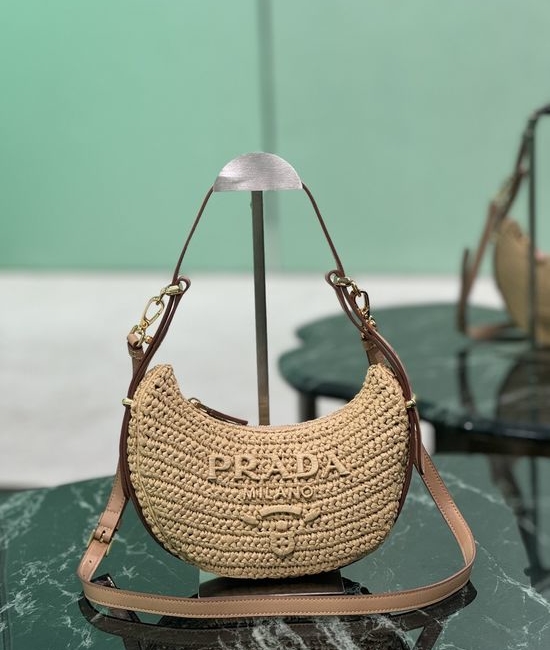 Prada Woven Raffia Half-Moon Shoulder Bag 1BC194