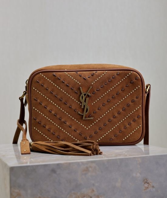 Yves Saint Laurent YSL Lou Caramel Suede Rivet Camera Bag 520534