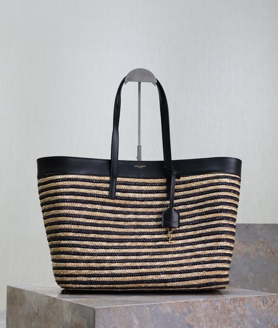 Yves Saint Laurent YSL Raffia Woven Leather Trim Tote Bag 394195-2