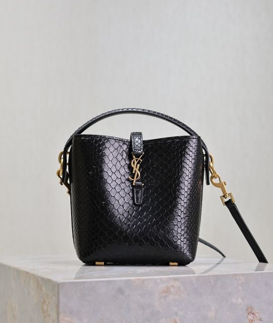 Yves Saint Laurent YSL Black Snake Print Leather Bucket Bag LE 37